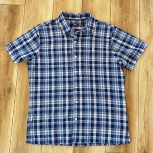 IZOD Blue Plaid Linen Blend Short Sleeve Button Up Shirt Mens L Preppy Dadcore